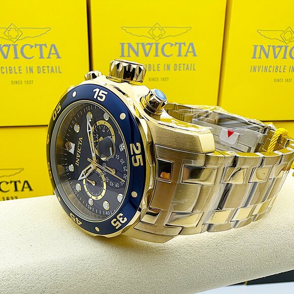 NEW Invicta Mens PRO DIVER SCUBA Chronograph Blue Dial 18Kt Gold Plated Watch - Picture 8 of 10